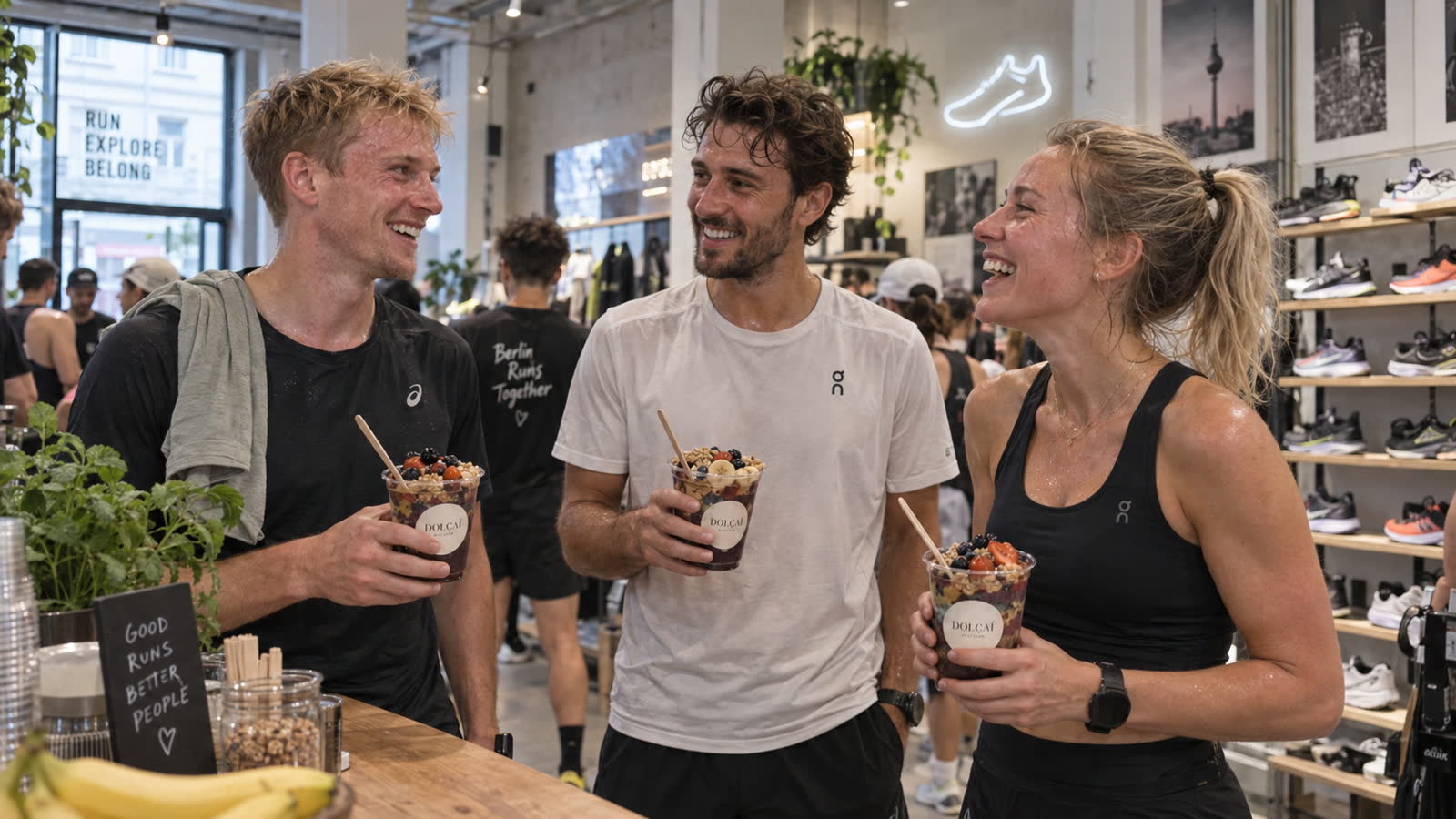Läuferinnen und Läufer genießen Açaí nach einem gemeinsamen Run