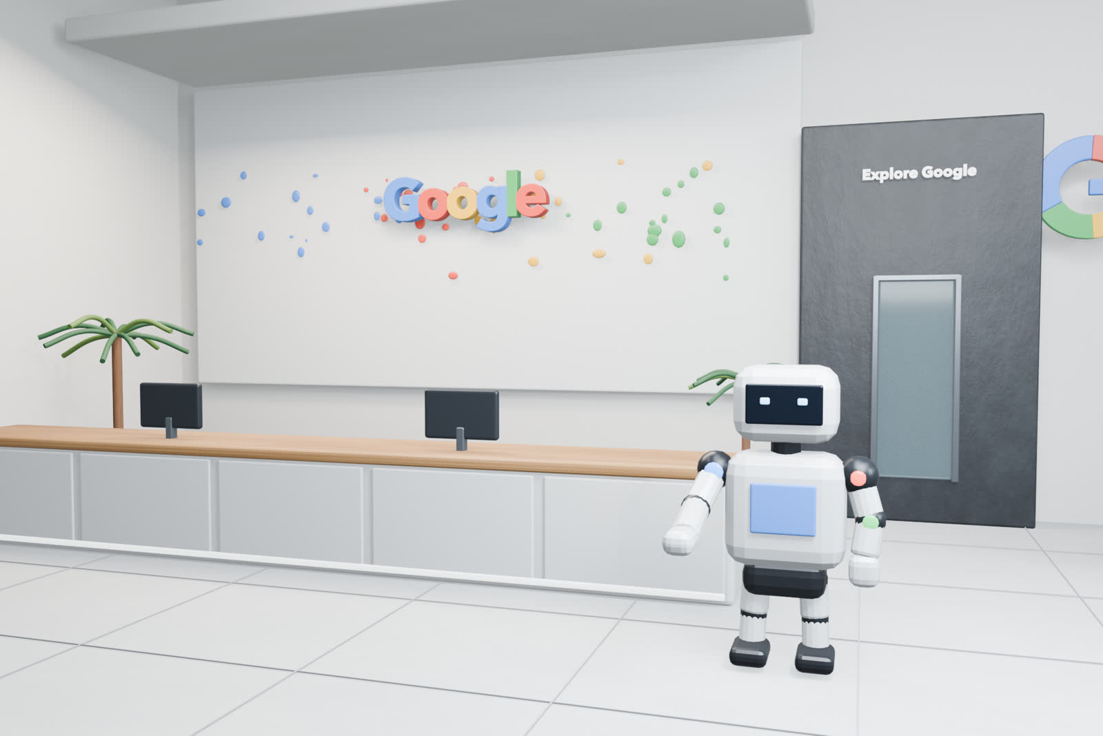 Counter, Markenwand und der modellierte Roboter schaffen einen gemeinsamen Einstieg in die digitale Lobby.